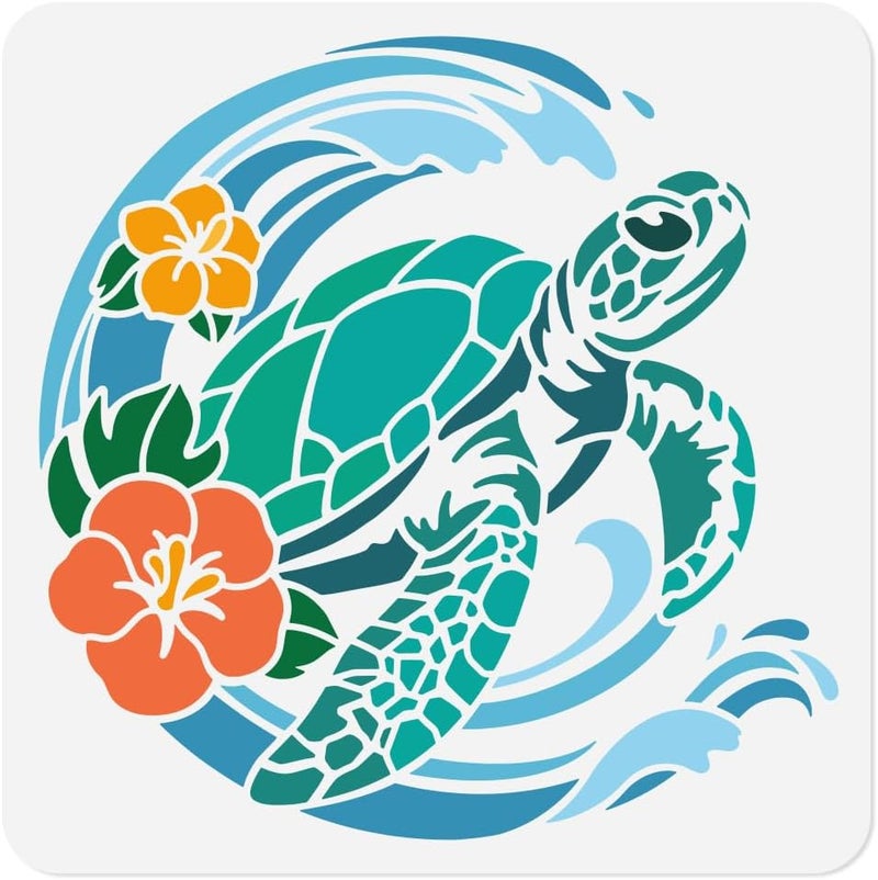 DOODLREAM Sea Turtle Flower Stencil for Painting, 11.8"x11.8" Reusable Plastic Sea Animal Waves Stencil Drawing Templates, DIY Craft Paint Template for Wall Home Decor Wood Burning Card Journal Paper - Image 1